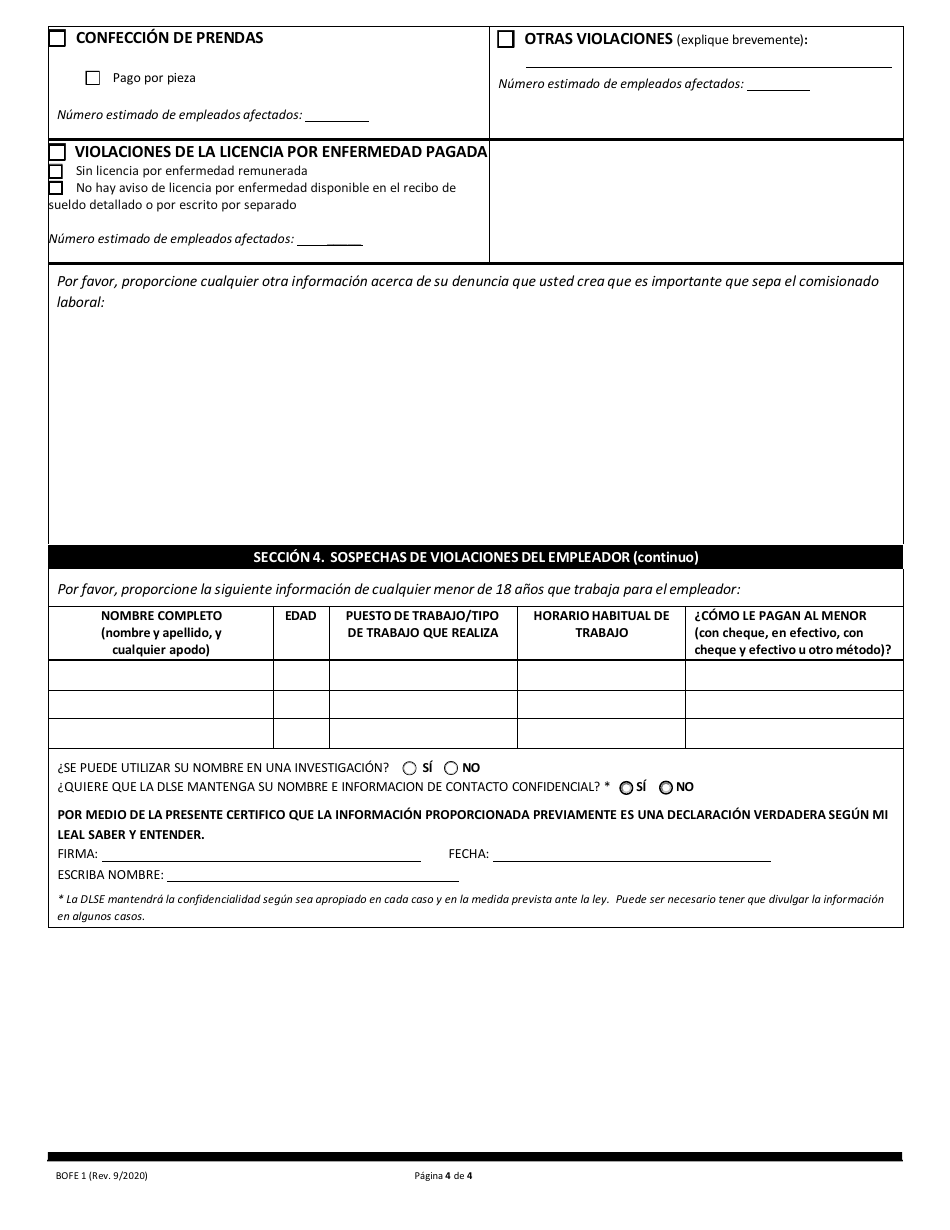 Formulario BOFE1 Informe De Violacion De La Ley Laboral - California (Spanish), Page 4
