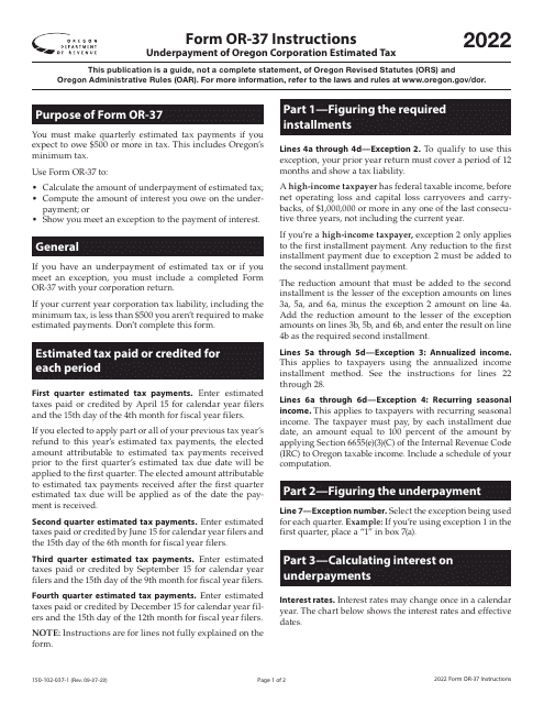 Form OR-37, 150-102-037 2022 Printable Pdf