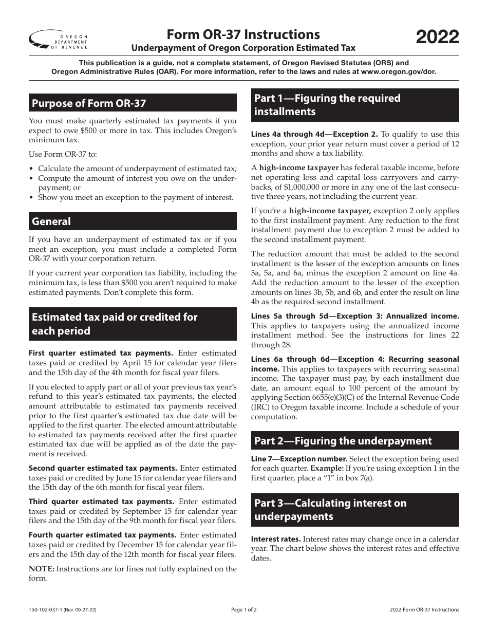 Instructions for Form OR-37, 150-102-037 Underpayment of Oregon Corporation Estimated Tax - Oregon, Page 1