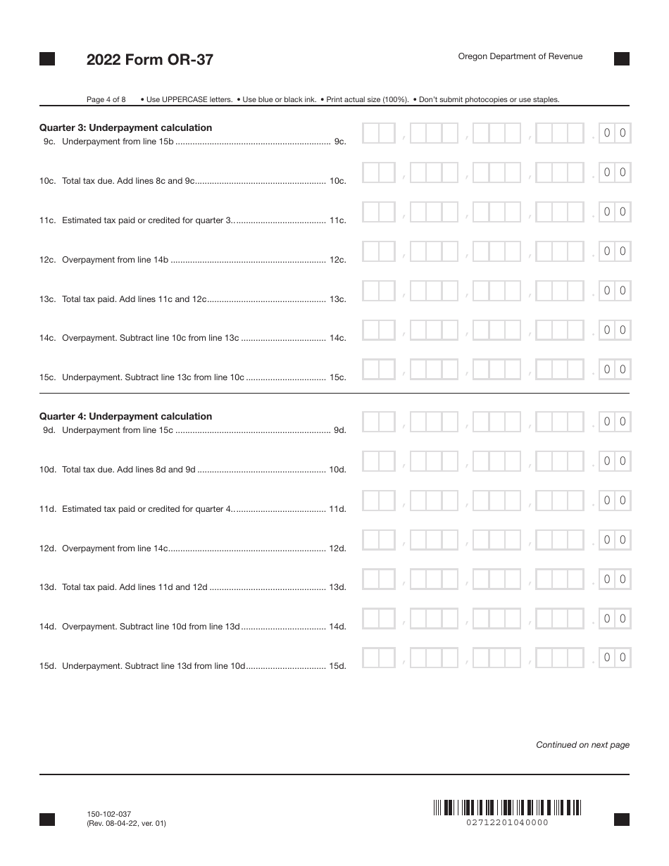 Form OR-37 (150-102-037) Underpayment of Oregon Corporation Estimated Tax - Oregon, Page 4