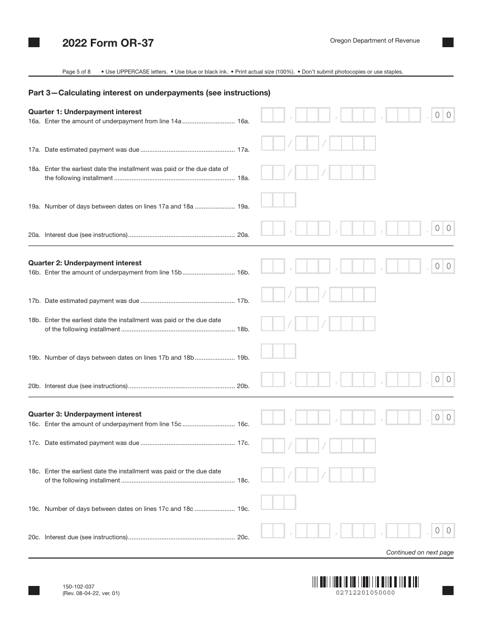 Form OR-37 (150-102-037) Underpayment of Oregon Corporation Estimated Tax - Oregon, Page 5