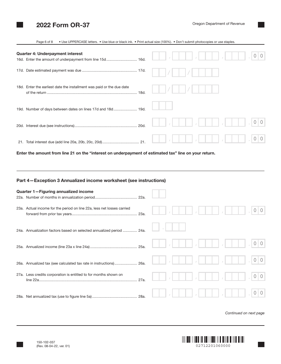 Form OR-37 (150-102-037) Underpayment of Oregon Corporation Estimated Tax - Oregon, Page 6