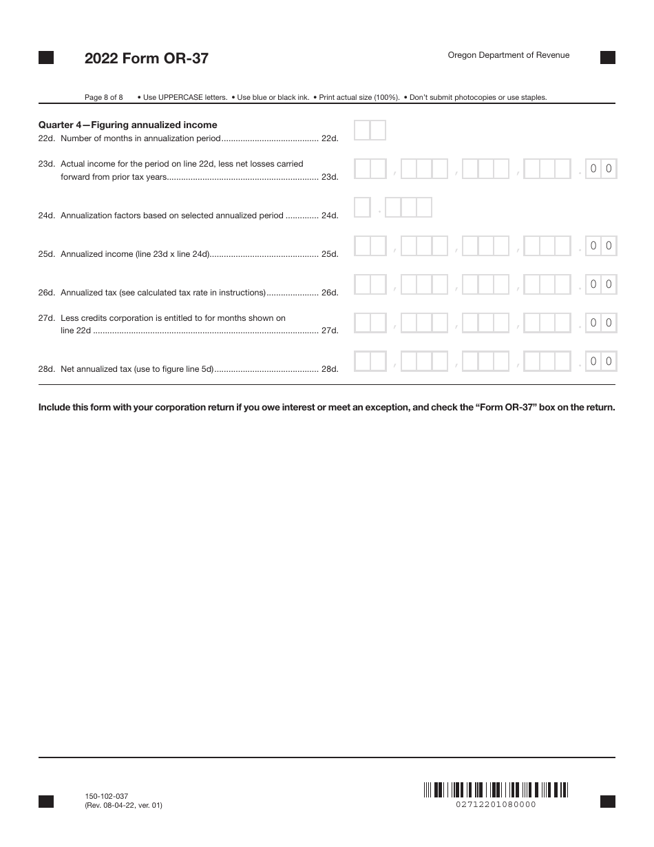 Form OR-37 (150-102-037) Underpayment of Oregon Corporation Estimated Tax - Oregon, Page 8