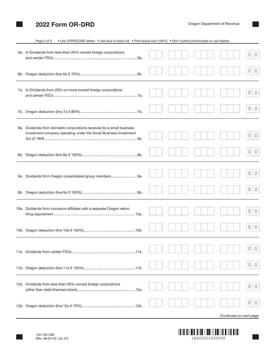 Form OR-DRD (150-102-038) Oregon Dividends-Received Deduction - Oregon, Page 2