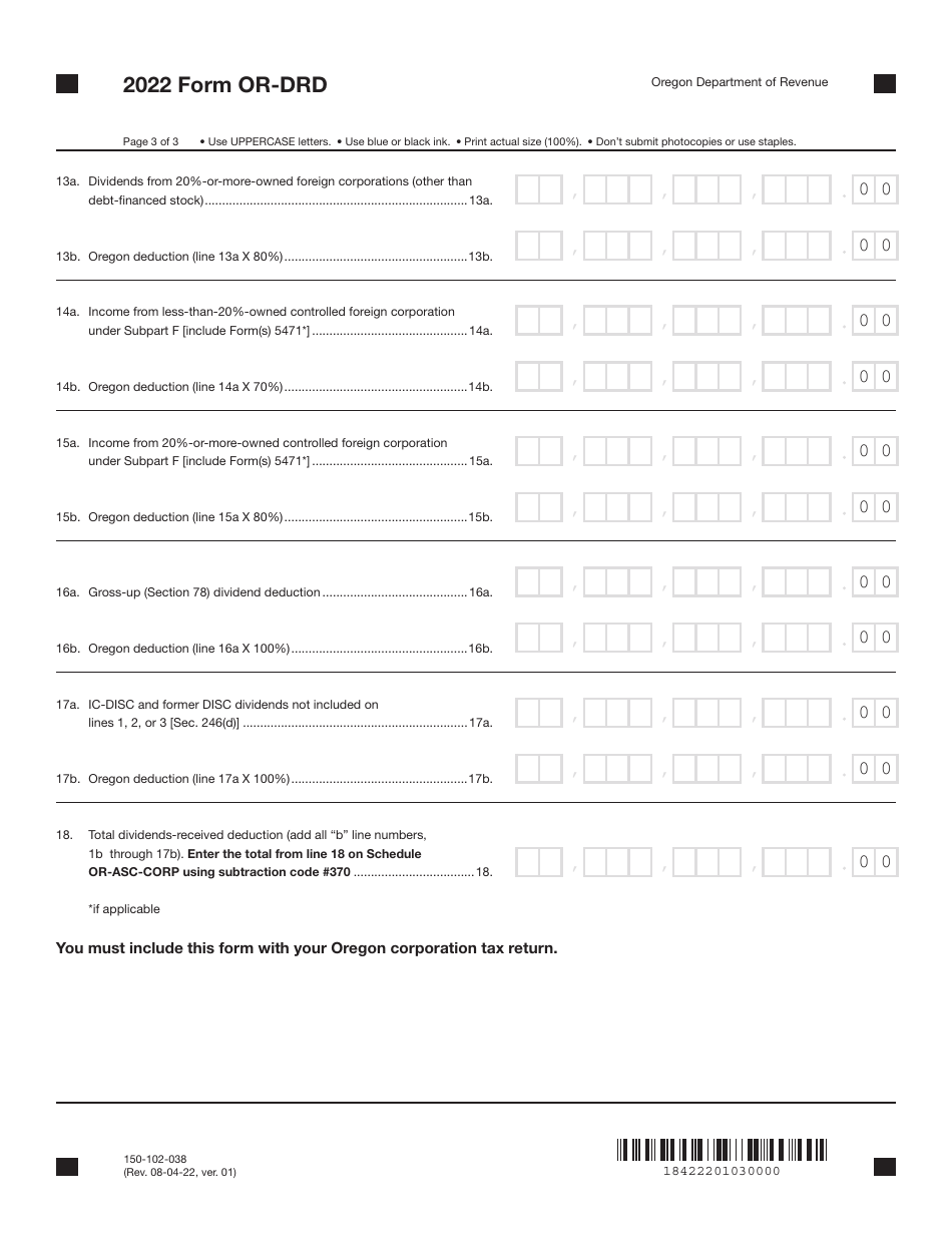 Form OR-DRD (150-102-038) Oregon Dividends-Received Deduction - Oregon, Page 3