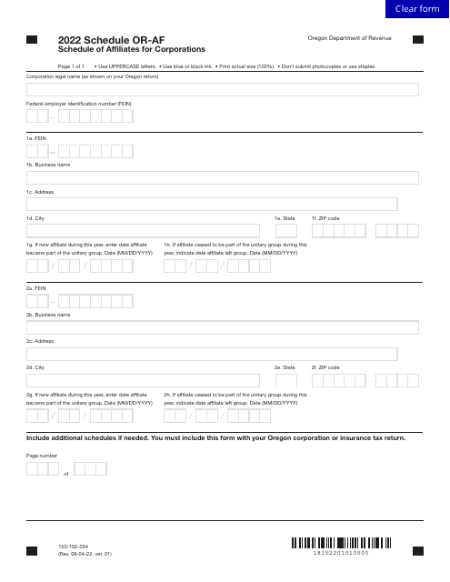 Form 150-102-034 Schedule OR-AF 2022 Printable Pdf
