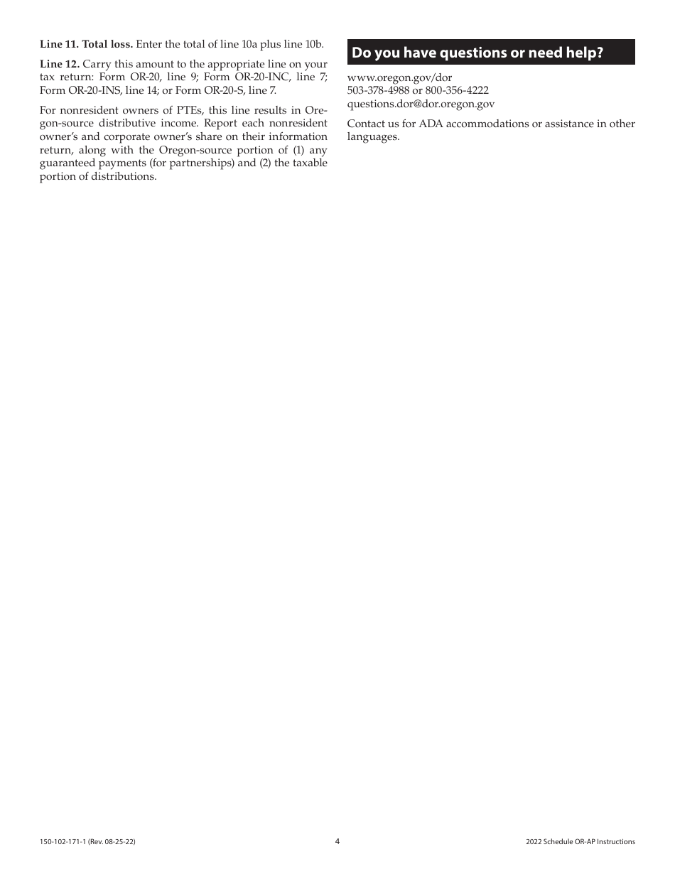 Instructions for Form 150-102-171 Schedule OR-AP Apportionment of Income for Corporations and Partnerships - Oregon, Page 4