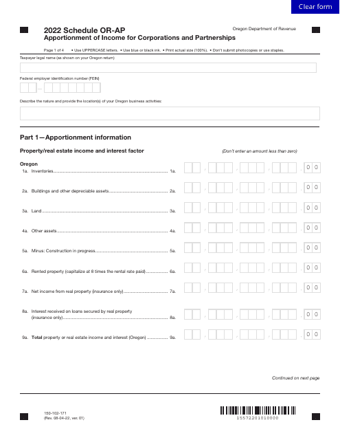 Form 150-102-171 Schedule OR-AP 2022 Printable Pdf
