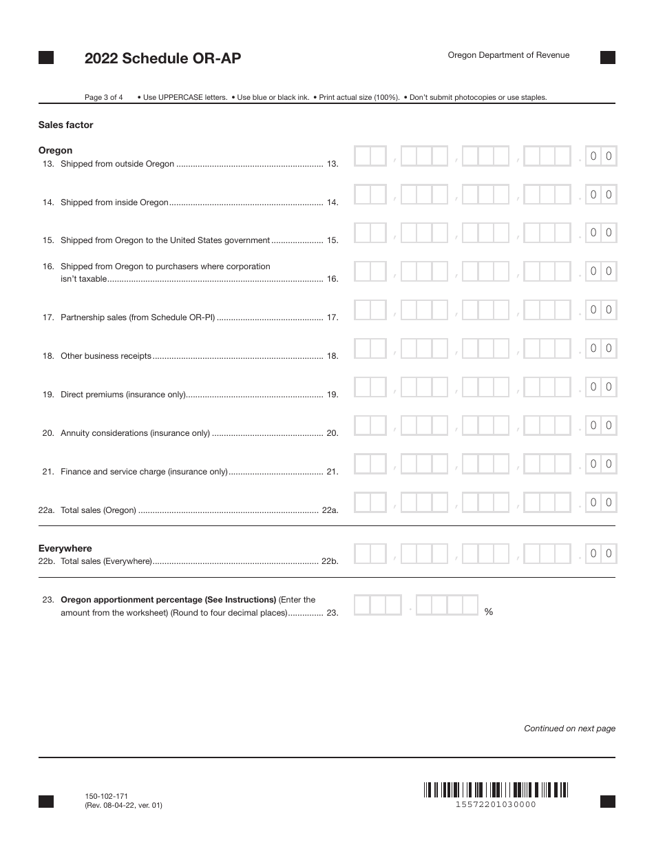 Form 150-102-171 Schedule OR-AP Apportionment of Income for Corporations and Partnerships - Oregon, Page 3