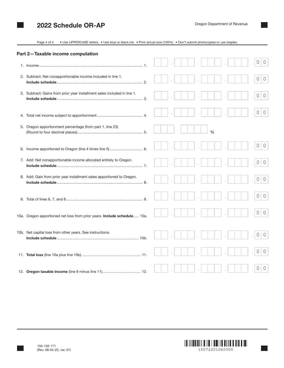 Form 150-102-171 Schedule OR-AP Apportionment of Income for Corporations and Partnerships - Oregon, Page 4