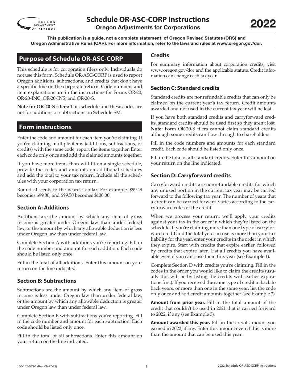 Instructions for Form 150-102-033 Schedule OR-ASC-CORP Oregon Adjustments for Corporations - Oregon, Page 1