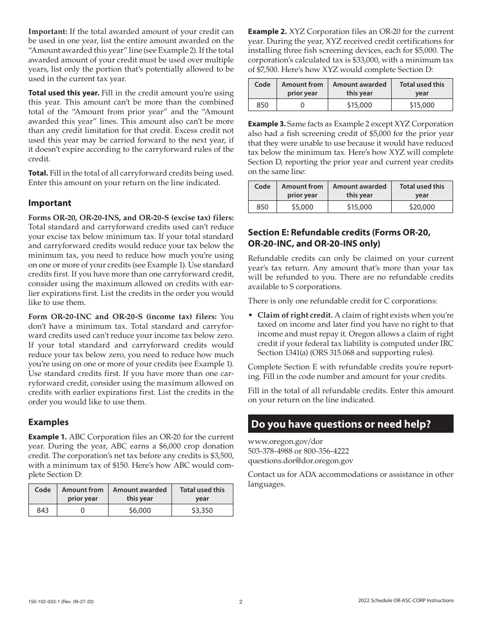 Instructions for Form 150-102-033 Schedule OR-ASC-CORP Oregon Adjustments for Corporations - Oregon, Page 2