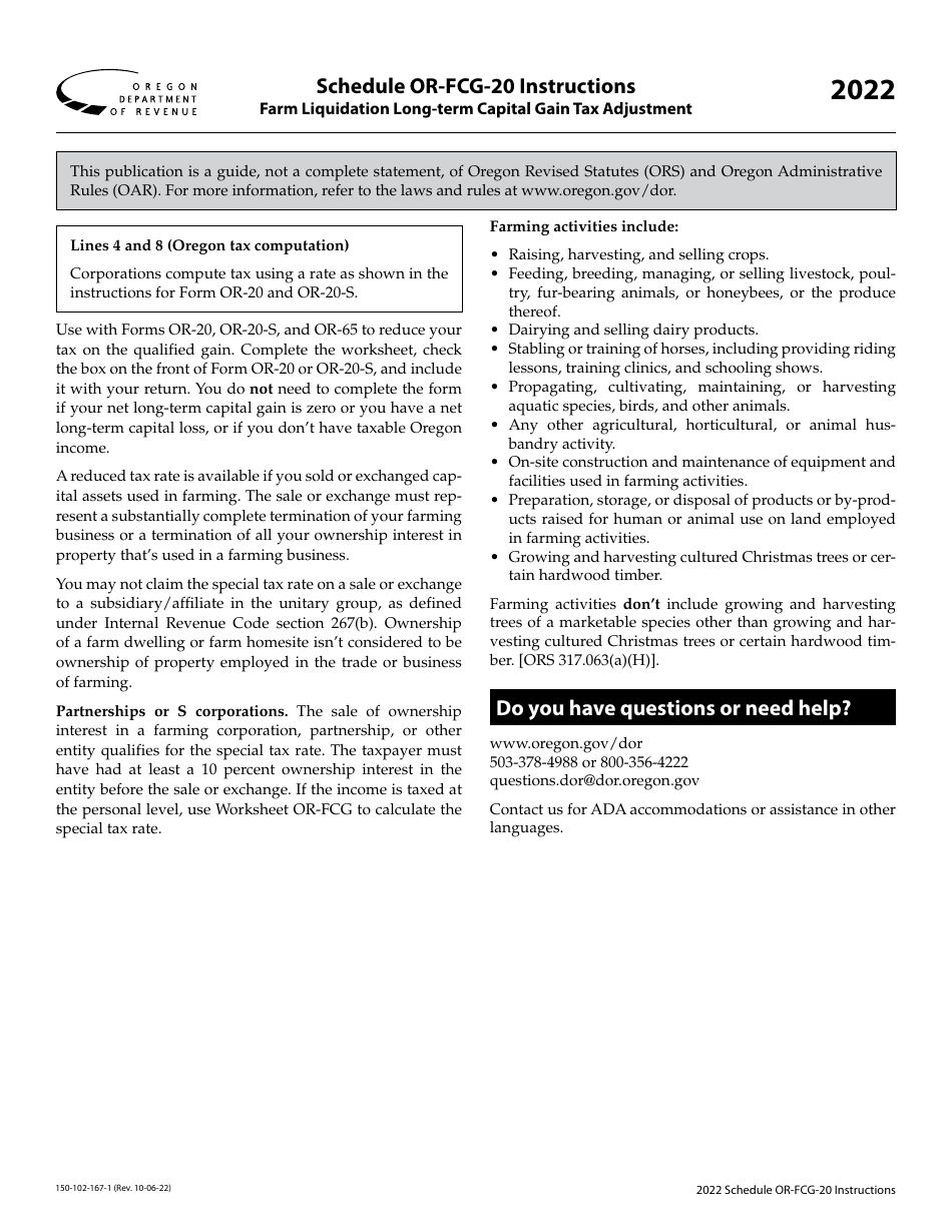 Instructions for Form 150-102-167 Schedule OR-FCG-20 Farm Liquidation Long-Term Capital Gain Tax Adjustment - Oregon, Page 1