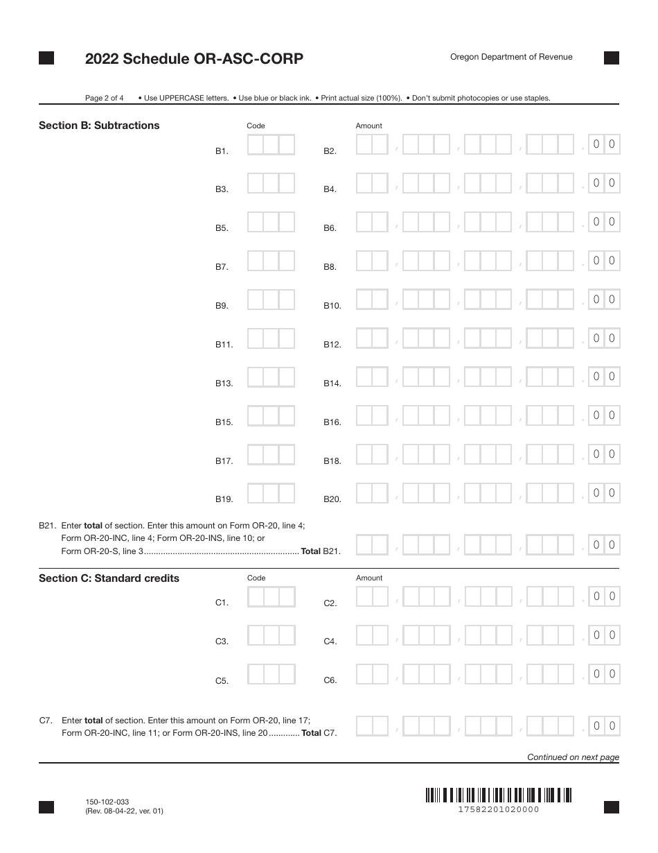 Form 150-102-033 Schedule OR-ASC-CORP Oregon Adjustments for Corporations - Oregon, Page 2