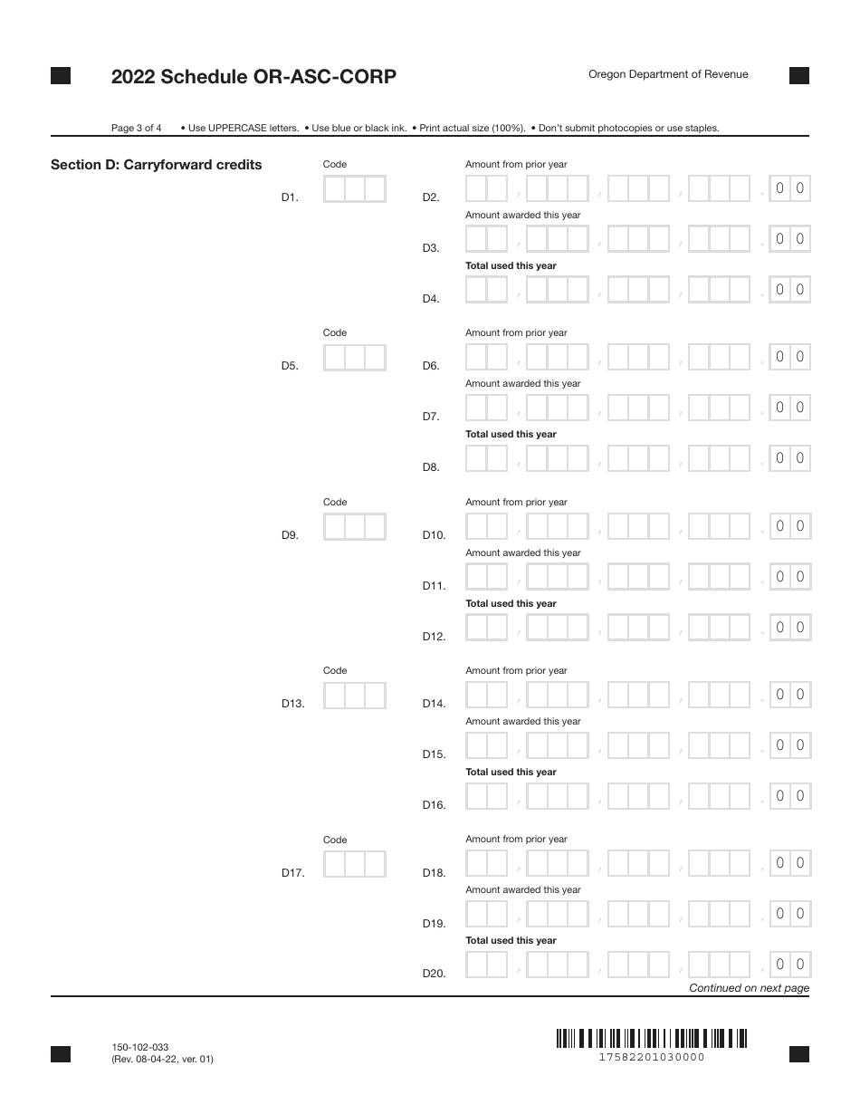 Form 150102033 Schedule ORASCCORP Download Fillable PDF or Fill