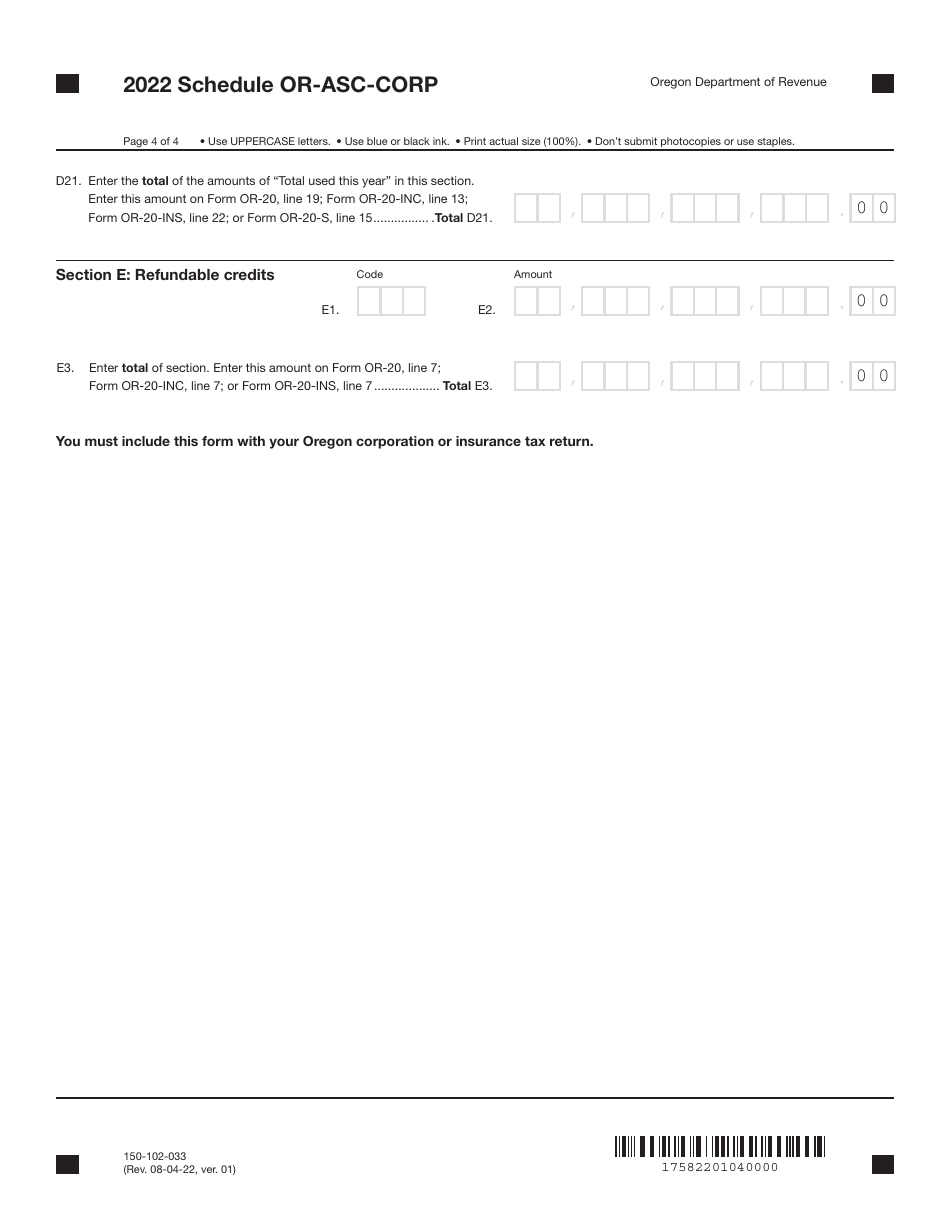 Form 150-102-033 Schedule OR-ASC-CORP Oregon Adjustments for Corporations - Oregon, Page 4