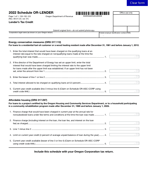 Form 150-102-125 Schedule OR-LENDER 2022 Printable Pdf