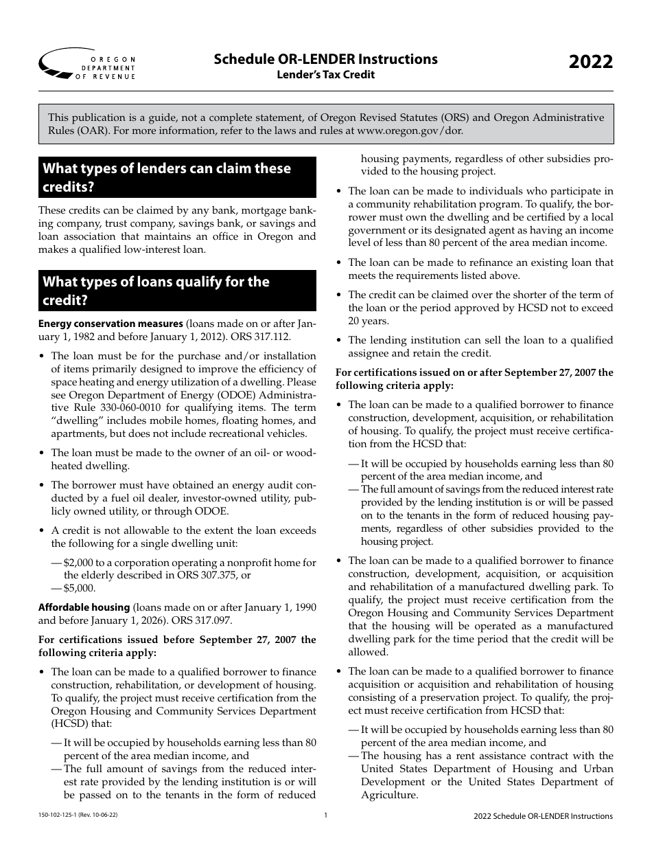 Instructions for Form 150-102-125 Schedule OR-LENDER Lenders Tax Credit - Oregon, Page 1