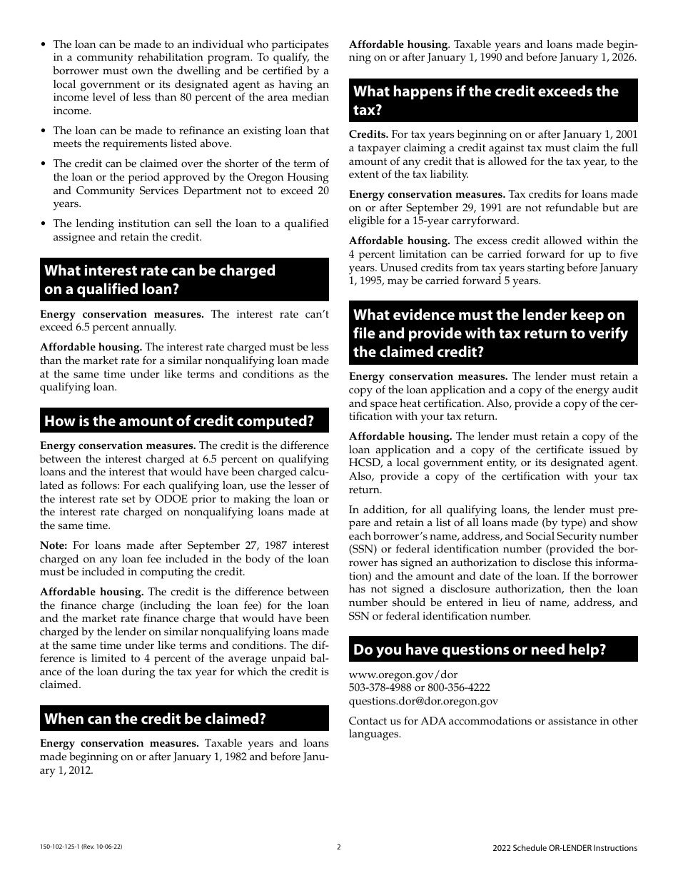 Instructions for Form 150-102-125 Schedule OR-LENDER Lenders Tax Credit - Oregon, Page 2