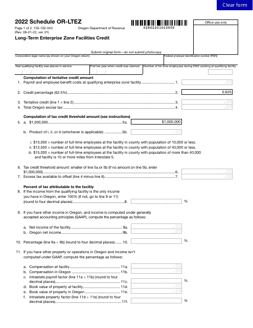 Form 150-102-043 Schedule OR-LTEZ 2022 Printable Pdf