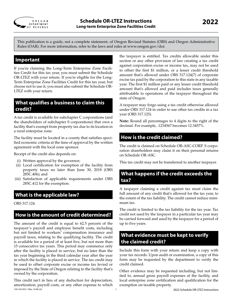 Instructions for Form 150-102-043 Schedule OR-LTEZ Long-Term Enterprise Zone Facilities Credit - Oregon, Page 1