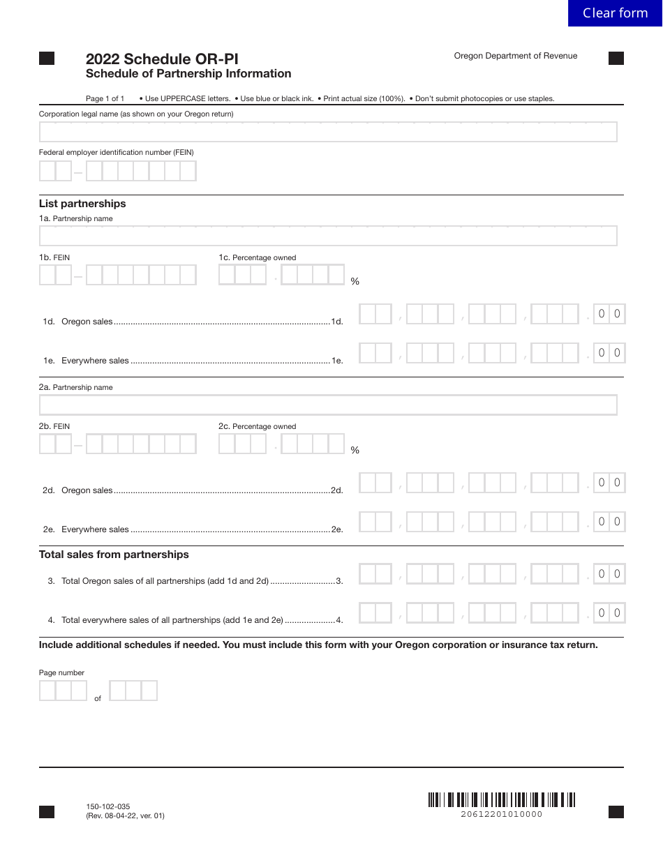 Form 150-102-035 Schedule OR-PI - 2022 - Fill Out, Sign Online And ...