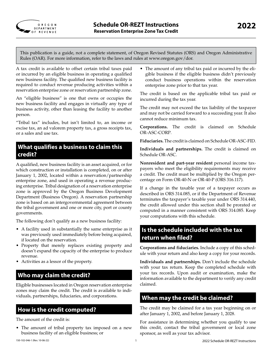 Instructions for Form 150-102-046 Schedule OR-REZT Reservation Enterprise Zone Tax Credit - Oregon, Page 1