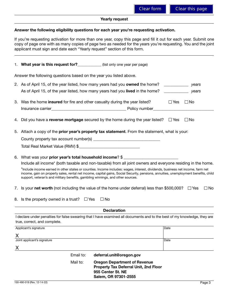 Form 150-490-019 Request for Retroactive Deferral for Disabled and Senior Citizens - Oregon, Page 3