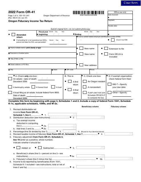 Form OR-41 (150-101-041) 2022 Printable Pdf