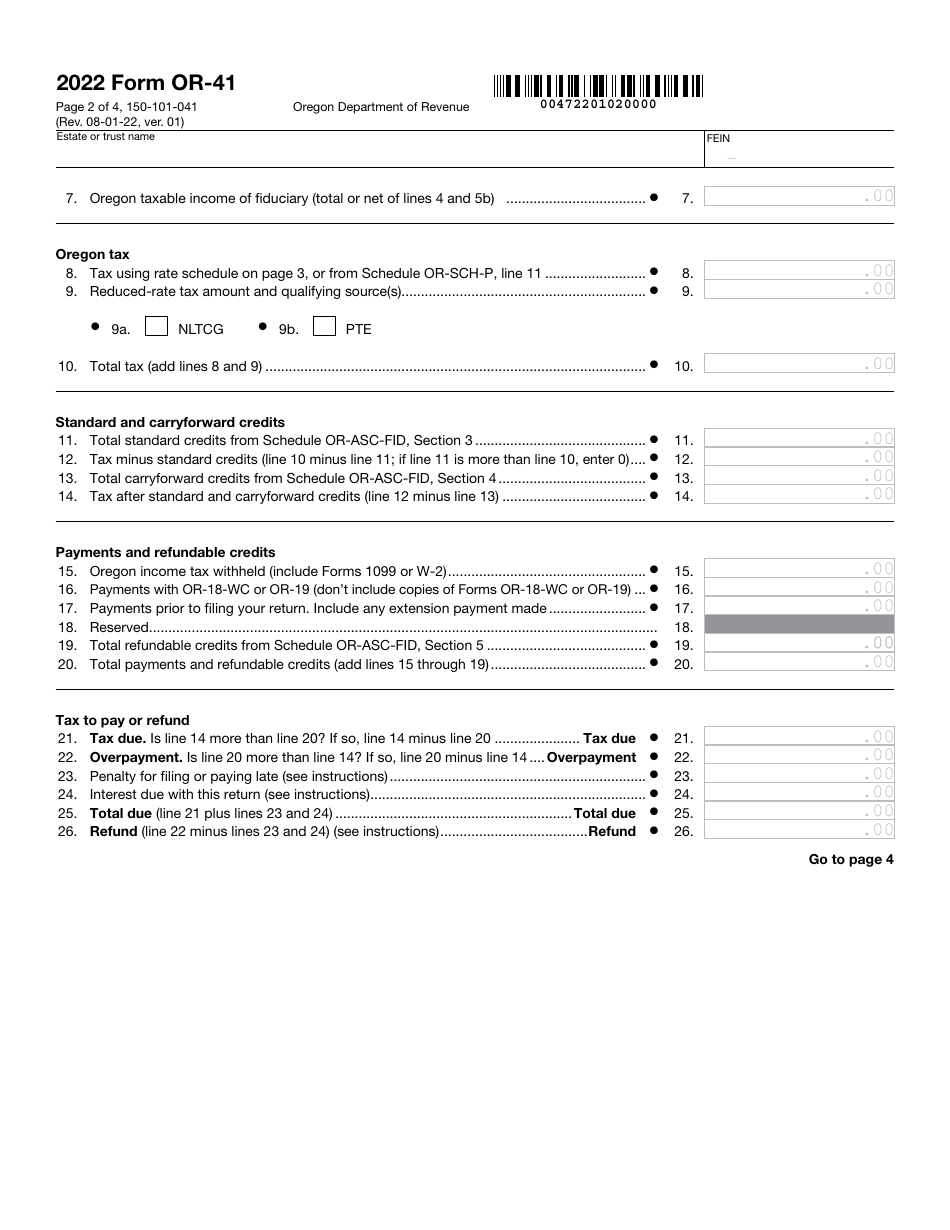 Form OR-41 (150-101-041) Oregon Fiduciary Income Tax Return - Oregon, Page 2