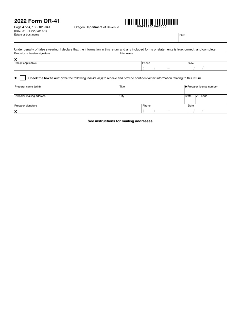 Form OR-41 (150-101-041) Oregon Fiduciary Income Tax Return - Oregon, Page 4