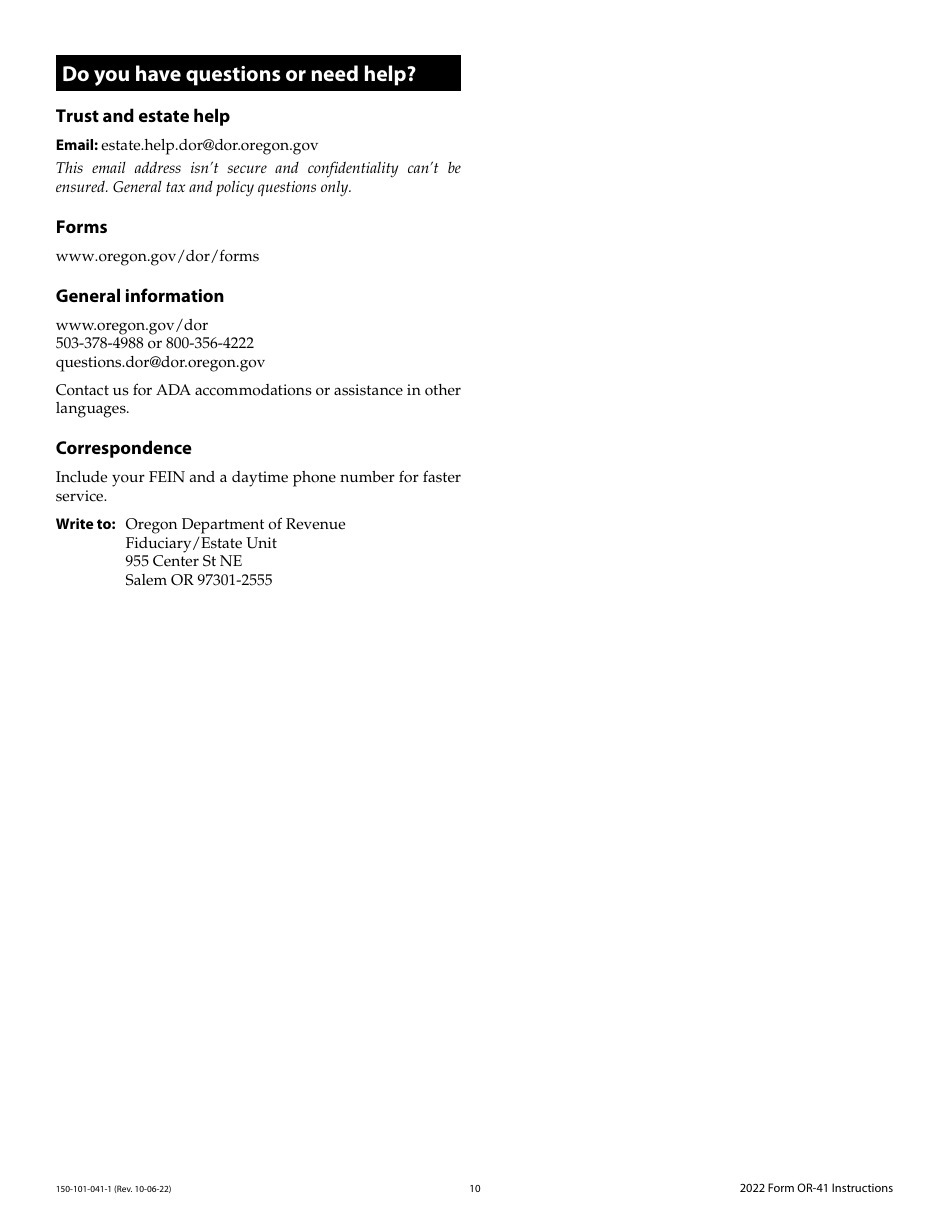 Instructions for Form OR-41, 150-101-041 Oregon Fiduciary Income Tax Return - Oregon, Page 10