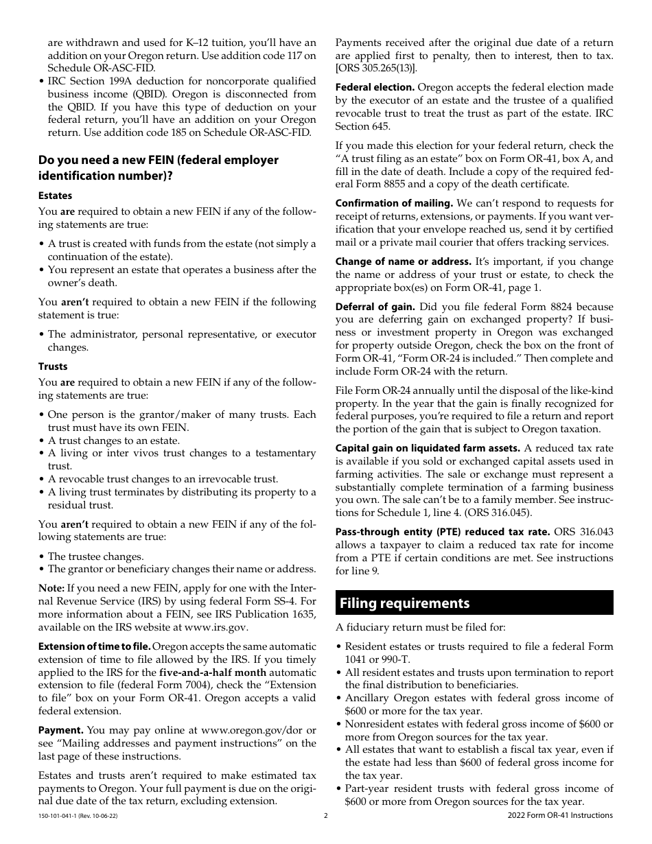 Instructions for Form OR-41, 150-101-041 Oregon Fiduciary Income Tax Return - Oregon, Page 2