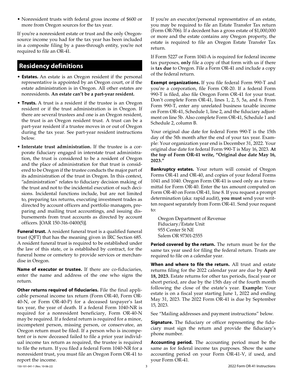 Instructions for Form OR-41, 150-101-041 Oregon Fiduciary Income Tax Return - Oregon, Page 3