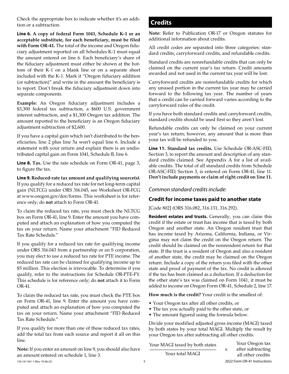 Instructions for Form OR-41, 150-101-041 Oregon Fiduciary Income Tax Return - Oregon, Page 5
