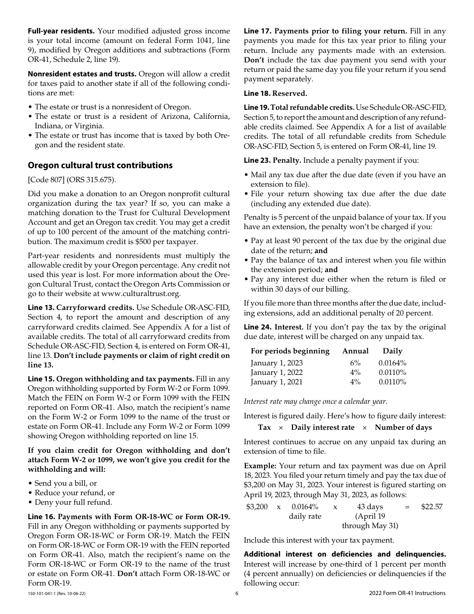 Instructions for Form OR-41, 150-101-041 Oregon Fiduciary Income Tax Return - Oregon, Page 6