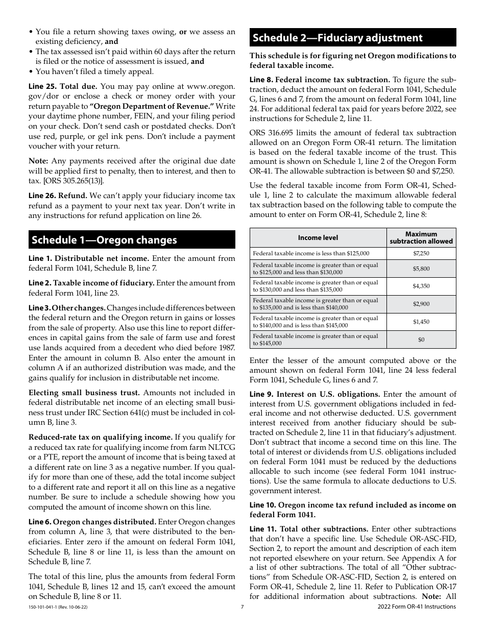 Instructions for Form OR-41, 150-101-041 Oregon Fiduciary Income Tax Return - Oregon, Page 7