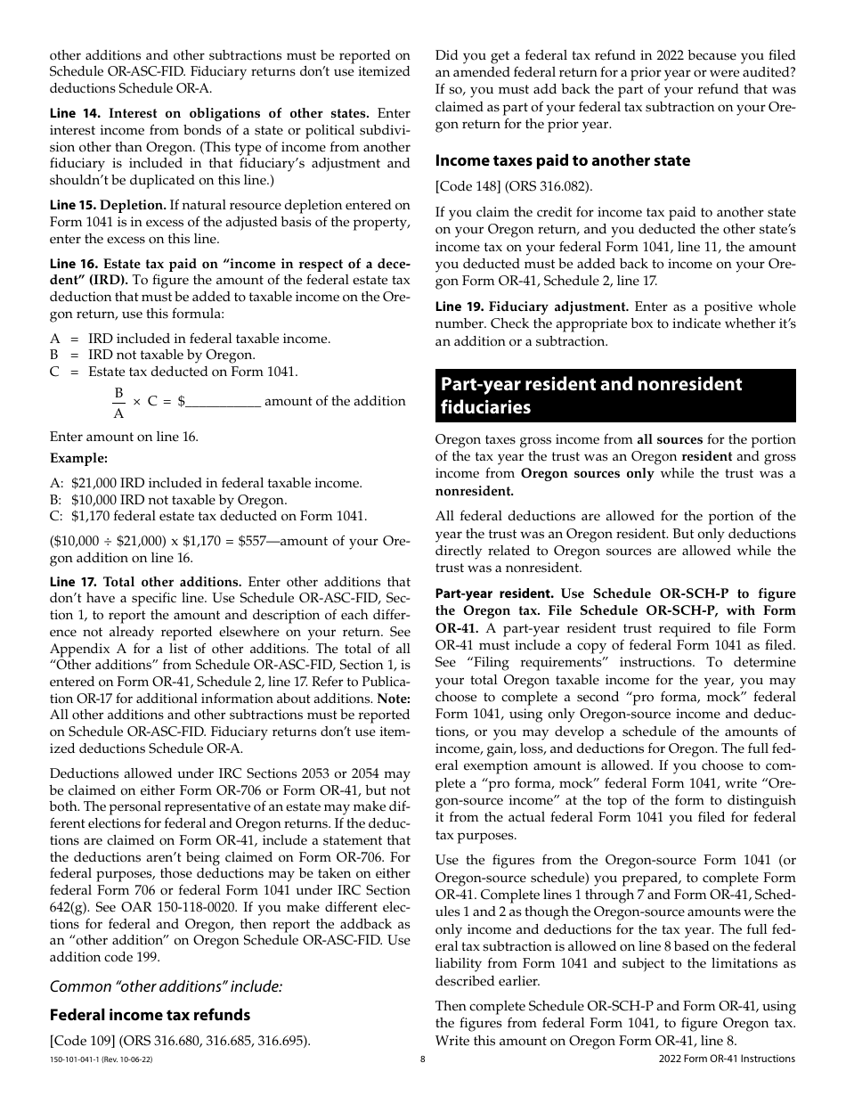 Instructions for Form OR-41, 150-101-041 Oregon Fiduciary Income Tax Return - Oregon, Page 8