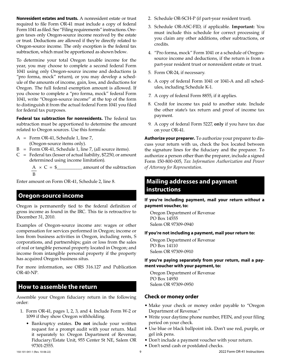 Instructions for Form OR-41, 150-101-041 Oregon Fiduciary Income Tax Return - Oregon, Page 9