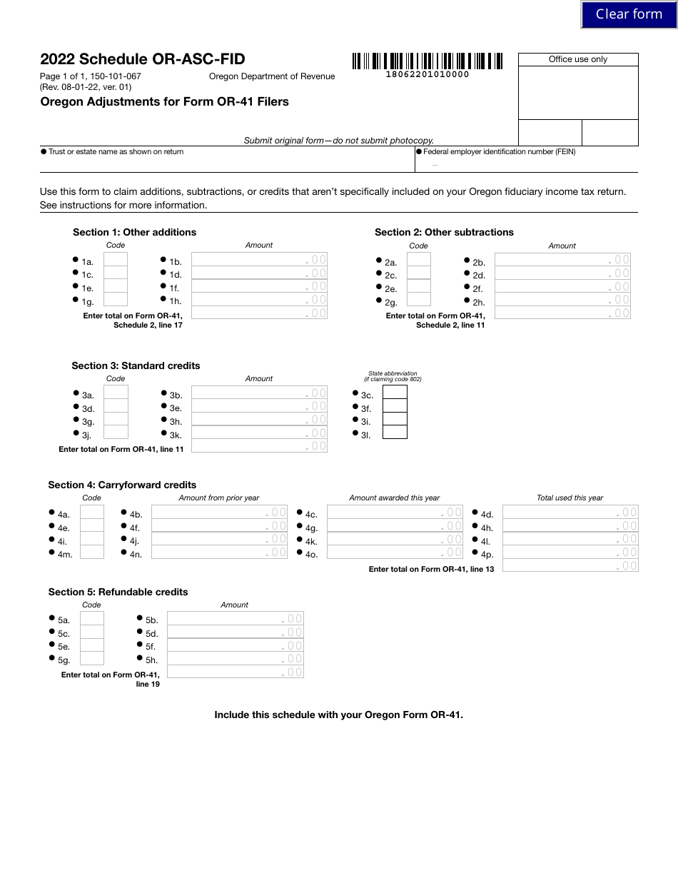 Form 150-101-067 Schedule OR-ASC-FID Oregon Adjustments for Form or-41 Filers - Oregon, Page 1