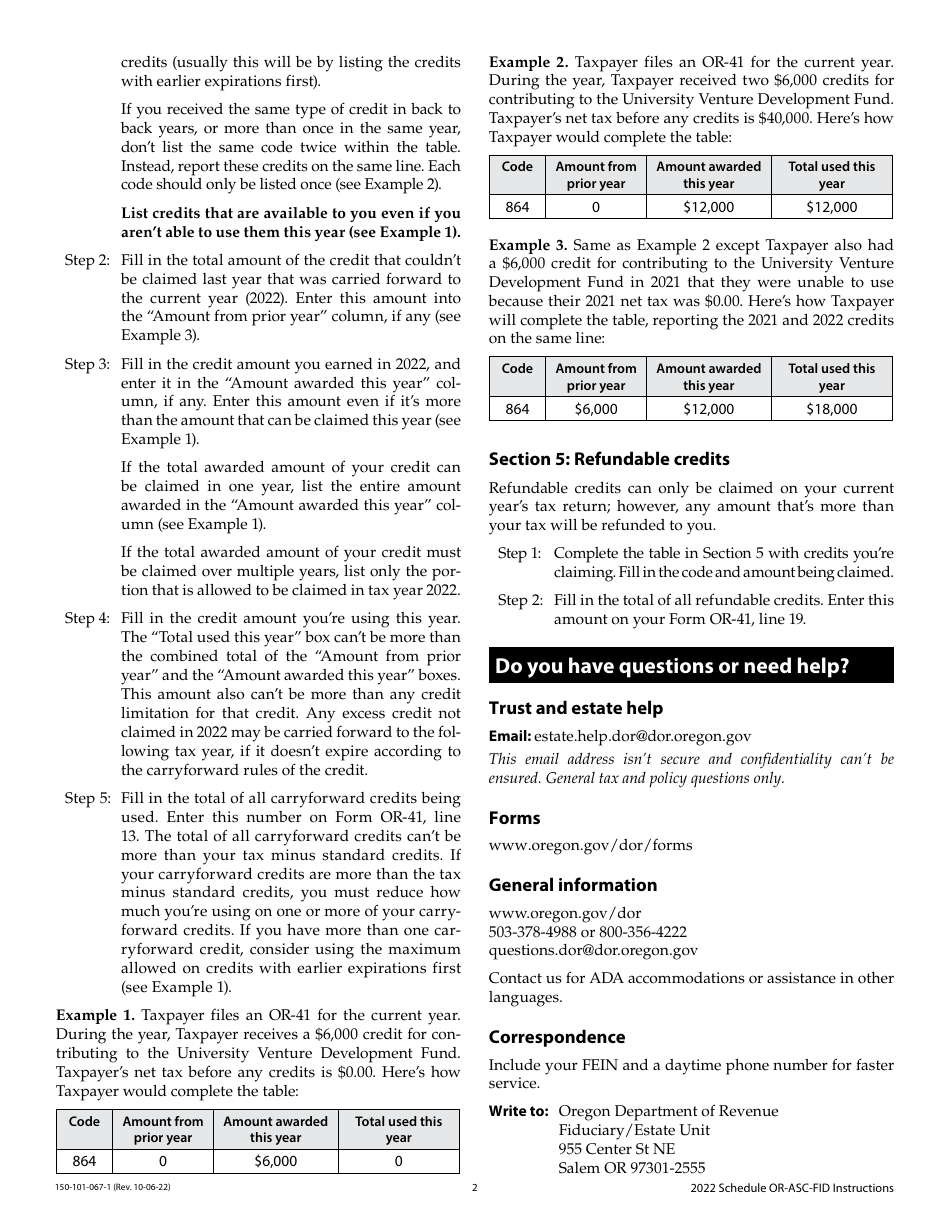 Instructions for Form 150-101-067 Schedule OR-ASC-FID Oregon Adjustments for Form or-41 Filers - Oregon, Page 2