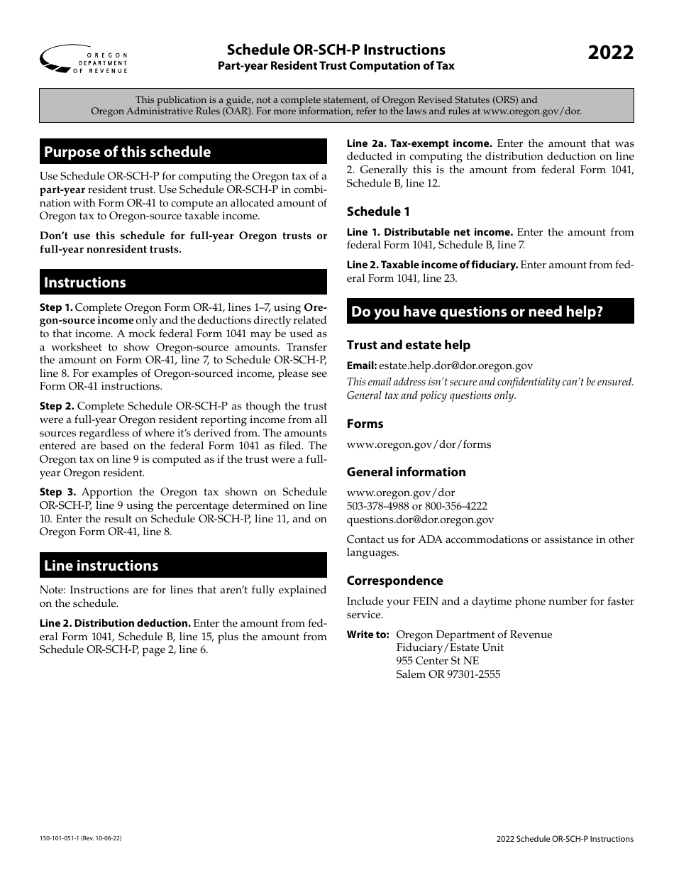 Instructions for Form 150-101-051 Schedule OR-SCH-P Part-Year Resident Trust Computation of Tax for Form or-41 Filers - Oregon, Page 1