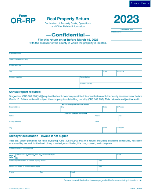 Form OR-RP (150-301-031) Real Property Return - Oregon, 2023