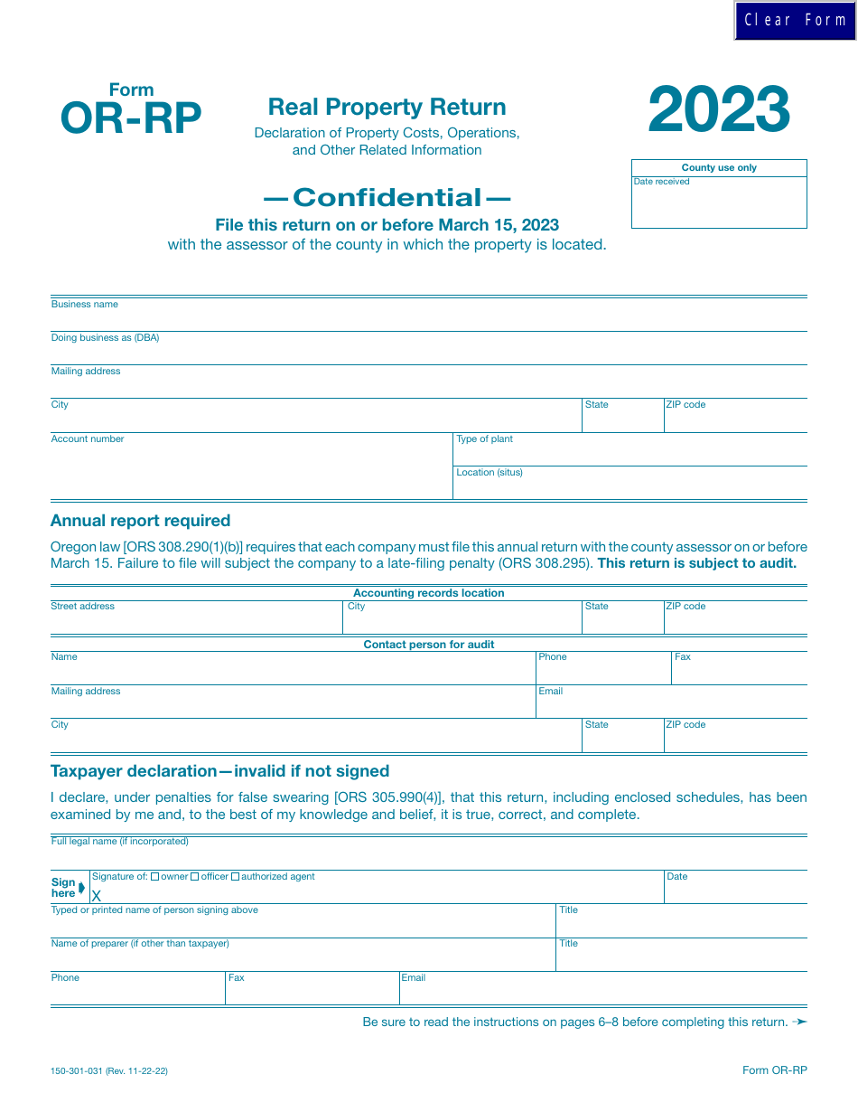 Form OR-RP (150-301-031) Real Property Return - Oregon, Page 1