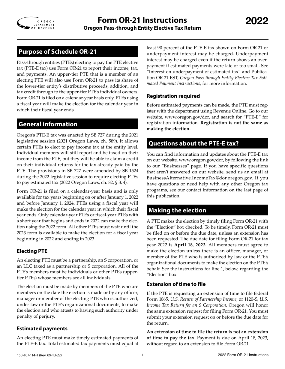 Instructions for Form OR-21, 150-107-114 Oregon Pass-Through Entity Elective Tax Return - Oregon, Page 1