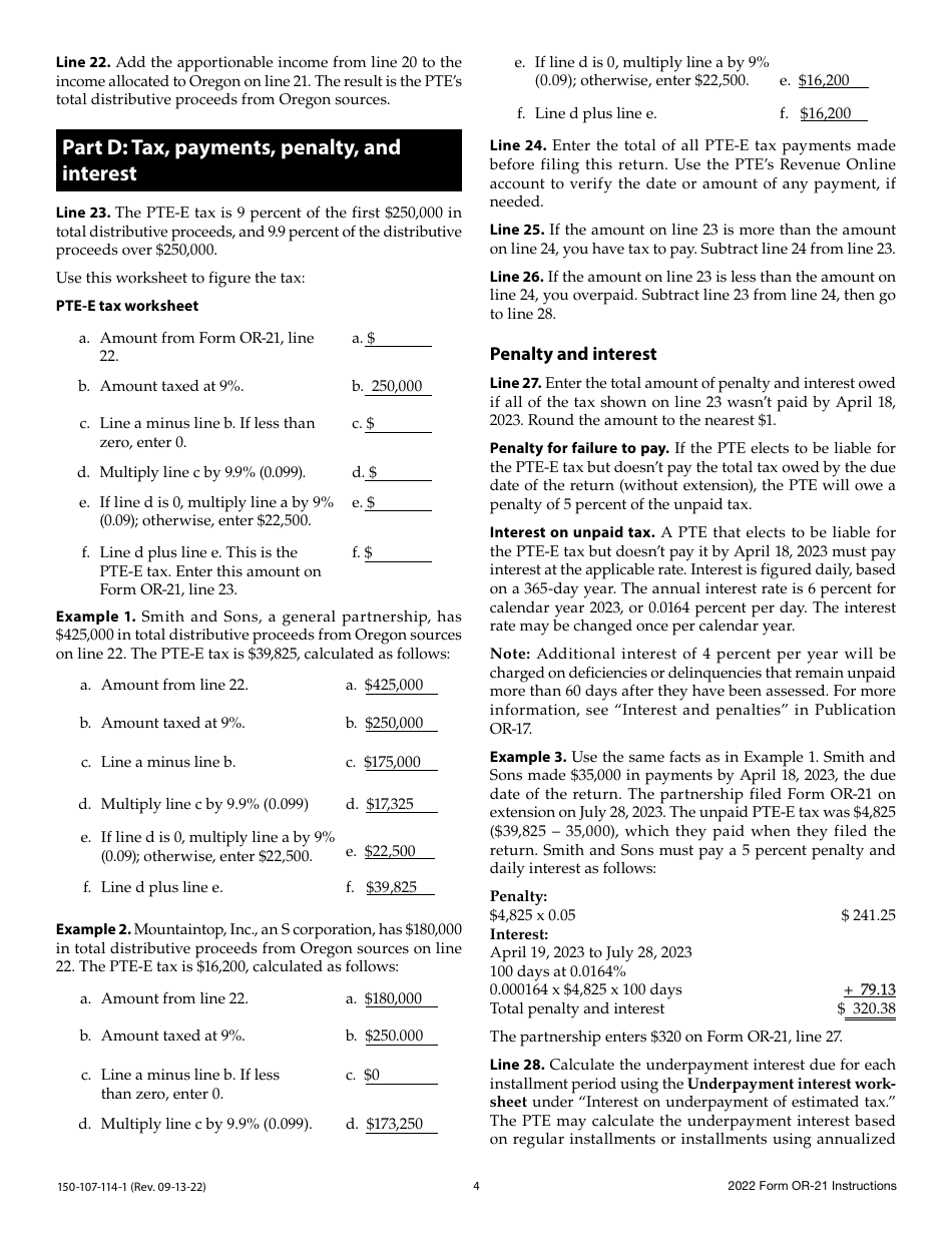 Instructions for Form OR-21, 150-107-114 Oregon Pass-Through Entity Elective Tax Return - Oregon, Page 4