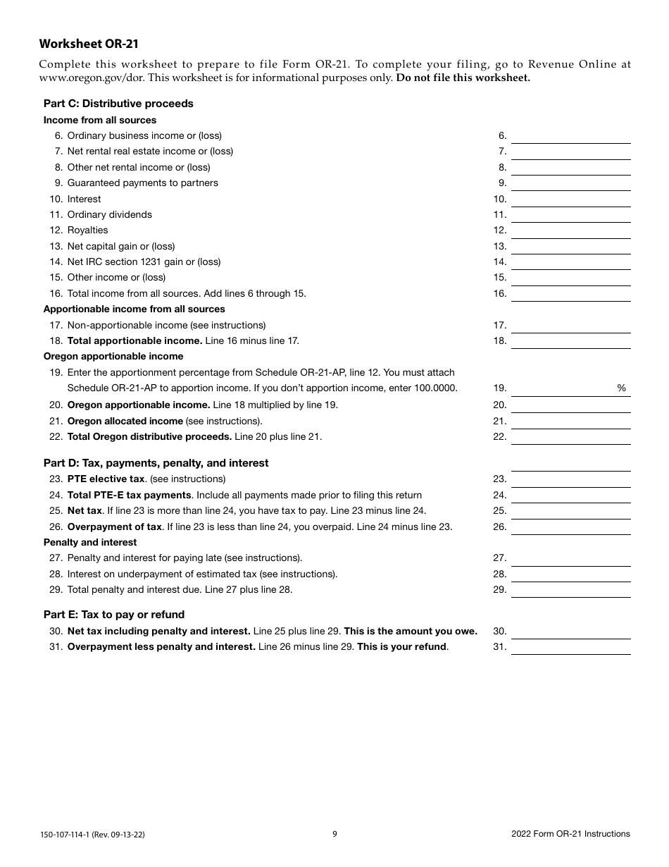 Instructions for Form OR-21, 150-107-114 Oregon Pass-Through Entity Elective Tax Return - Oregon, Page 9