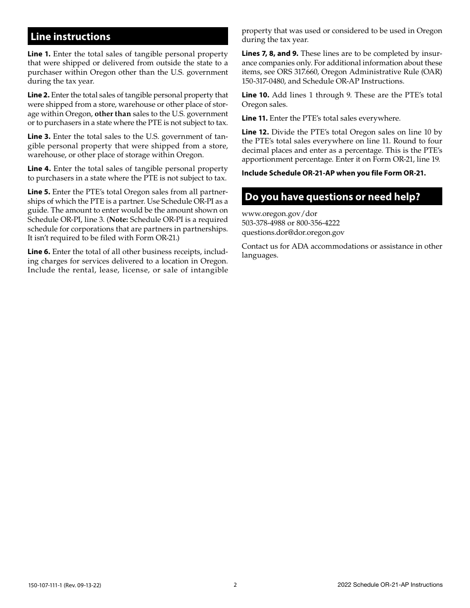 Instructions for Form 150-107-111 Schedule OR-21-AP Oregon Pass-Through Entity Elective Tax Apportionment of Income - Oregon, Page 2