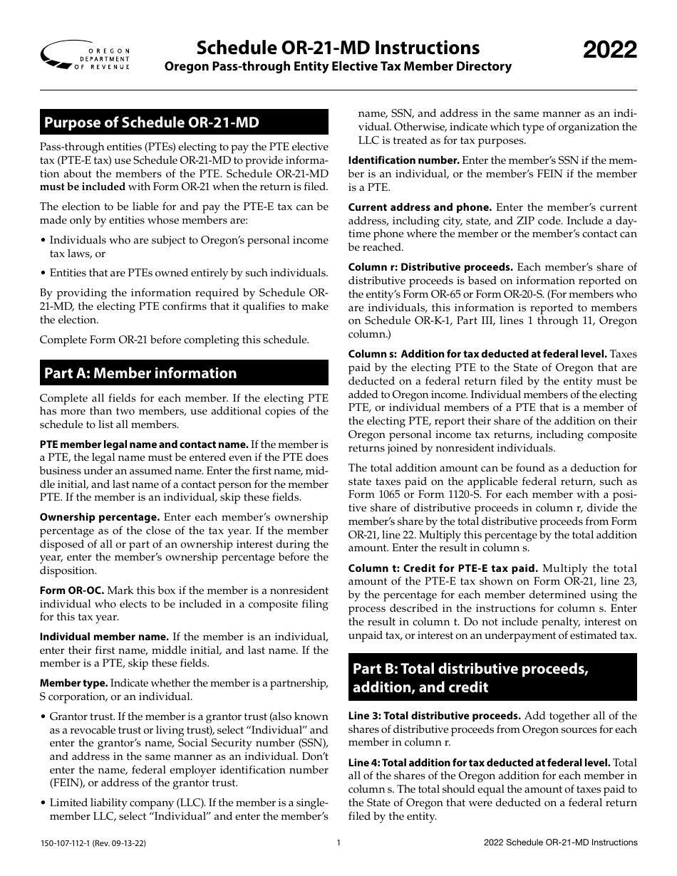 Instructions for Form 150-107-112 Schedule OR-21-MD Oregon Pass-Through Entity Elective Tax Member Directory - Oregon, Page 1