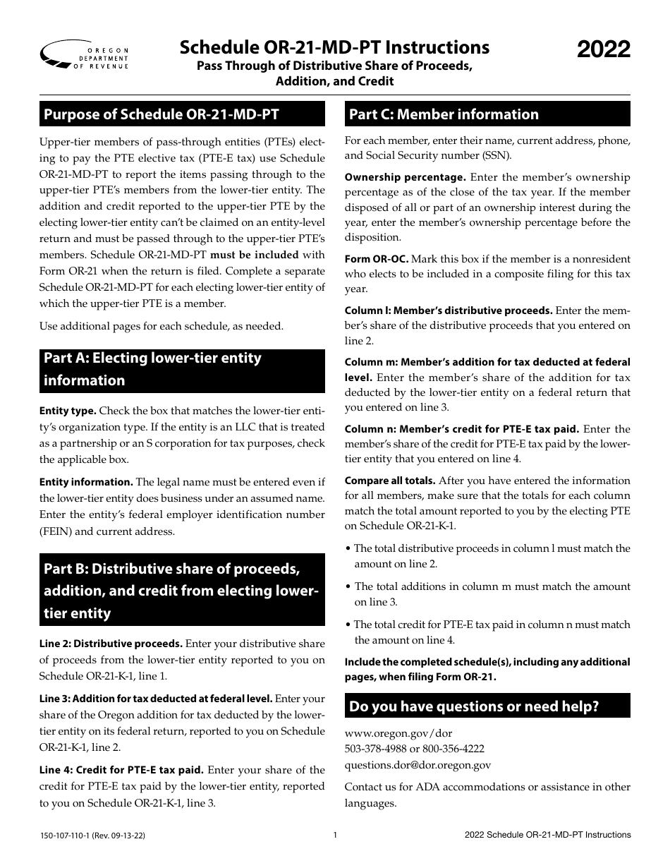 Instructions for Form 150-107-110 Schedule OR-21-MD-PT Pass Through of Distributive Share of Proceeds, Addition, and Credit - Oregon, Page 1